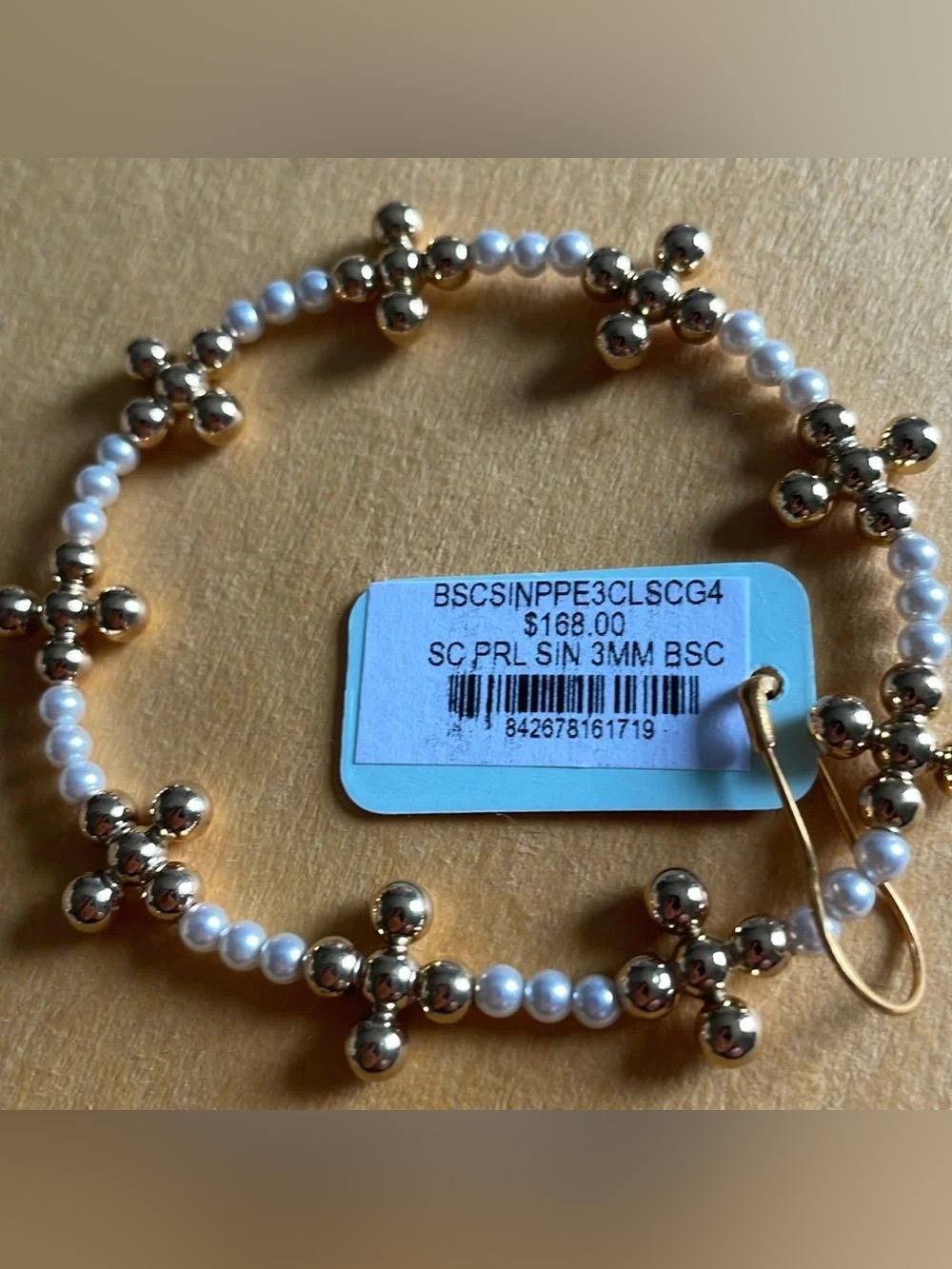 Pearl Bead Bracelet with Gold-Tone Cross Accents - White/Gold